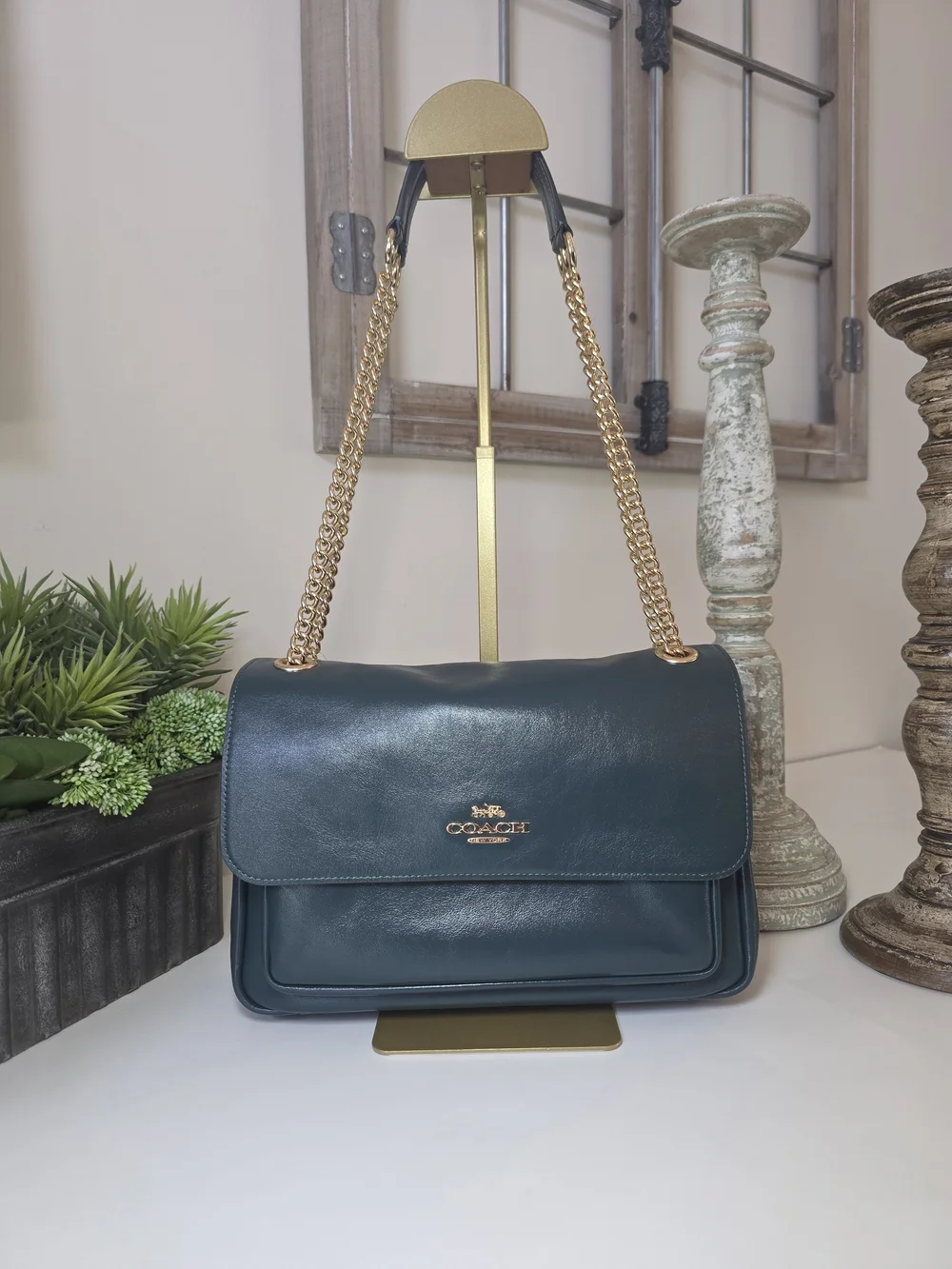 Coach Elodie Dark Teal Smooth Leather Crossbody/Shoulder Bag Gold Chain NWT